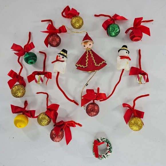 Vintage Felt Pipe Cleaner Christmas Ornament Lot Pixie Snowman Gifts Balls - Picture 1 of 10